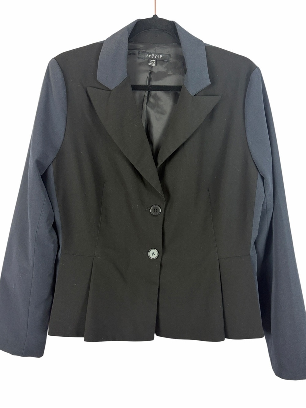 Sandro Studio Two-Tone Tailored Blazer Black Navy Contrast Jacket Medium